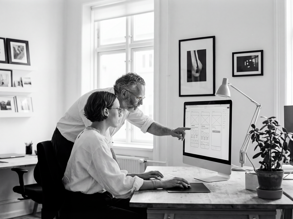 A man and woman working together on a graphic design project at a desk with a large computer monitor displaying wireframes, in a bright, art-filled office.