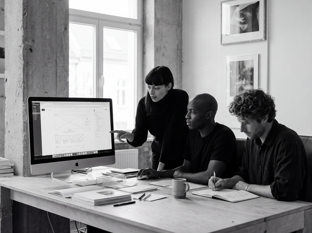Three people in a modern office looking at a computer screen, with one person standing and pointing at the screen and the other two sitting and taking notes.