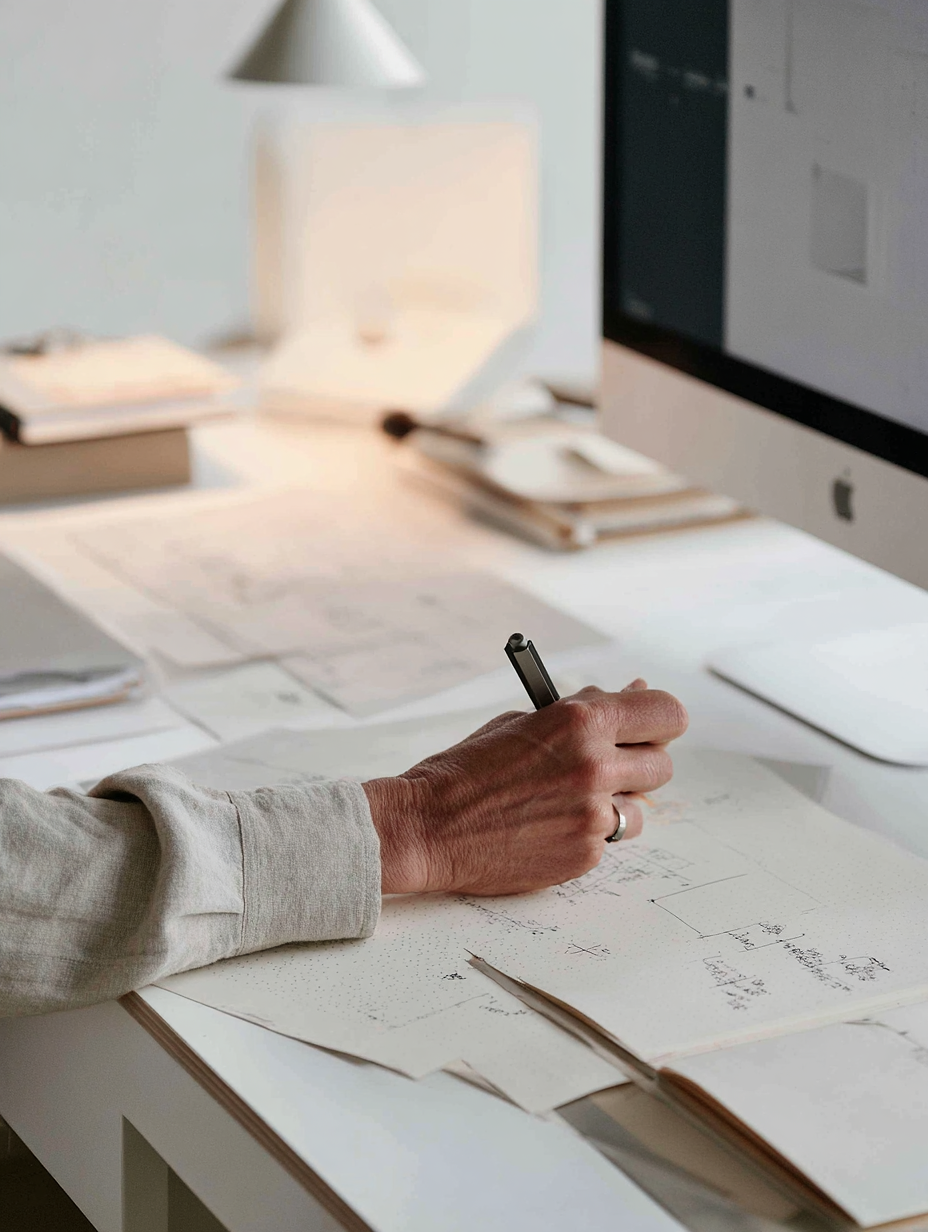 Person writing notes or sketches on paper at a cluttered desk with a computer monitor nearby.