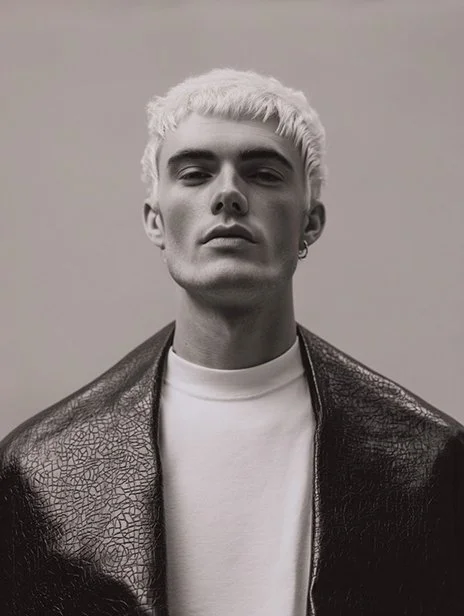 Black and white photo of a young man with platinum blonde hair, wearing a leather jacket over a white t-shirt. Ai Generated, Creative direction with  AI 