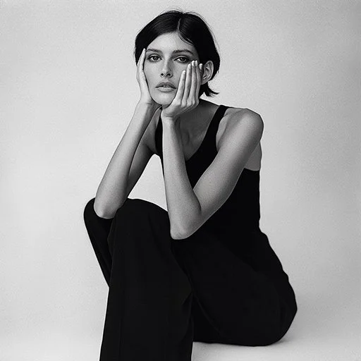 Black and white photo of a woman sitting with her knees up, resting her face in her hands, looking at the camera. Ai Generated, Creative direction with  AI 