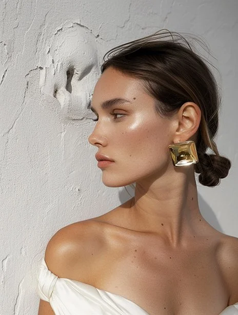 A woman with makeup and large gold earrings posing against a white textured wall. Ai Generated, Creative direction with  AI 