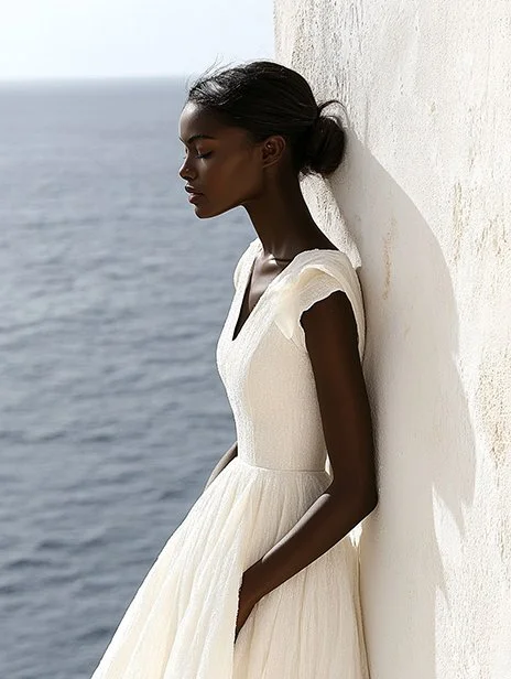 A young woman in a white dress leaning against a white wall near the sea, eyes closed. Ai Generated, Creative direction with  AI 