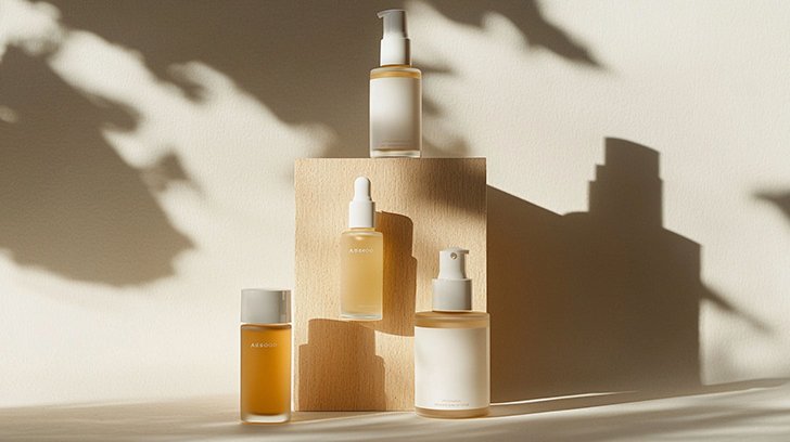A collection of skincare bottles and jars arranged on a beige surface with a light-colored background, casting shadows from natural light. Ai Generated, Creative direction with  AI 