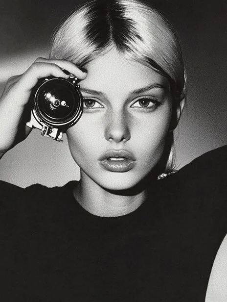 Black and white photo of a young woman with light hair holding a camera to her eye, looking directly at the camera with a serious expression. Ai Generated, Creative direction with  AI 