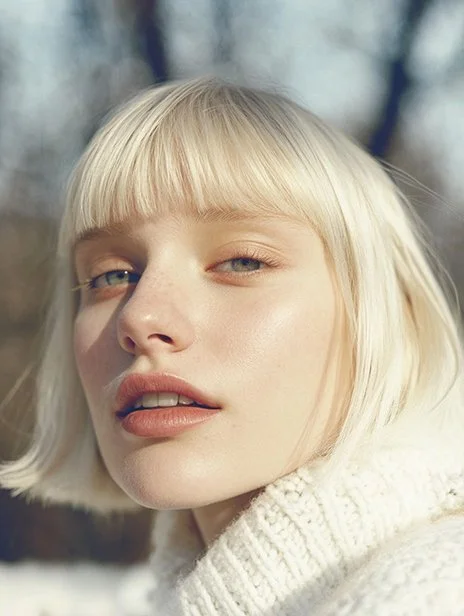 Close-up of a young woman with short platinum blonde hair and bangs, wearing a knitted white sweater, outdoors in a winter setting. Ai Generated, Creative direction with  AI 