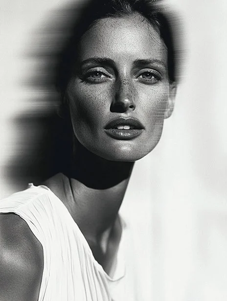 Black and white portrait of a woman with short dark hair, wearing a sleeveless top. The image has a motion blur effect on the left side of her face. Ai Generated, Creative direction with  AI 