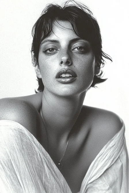 Black and white portrait of a woman with short, tousled hair, gazing at the camera with parted lips, wearing an off-shoulder garment. Ai Generated, Creative direction with  AI 