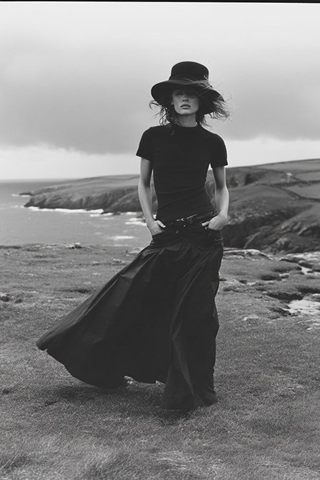 A woman wearing a wide-brimmed hat, black t-shirt, and long skirt standing on a grassy landscape with cliffs and ocean in the background, in black and white. Ai Generated, Creative direction with  AI 
