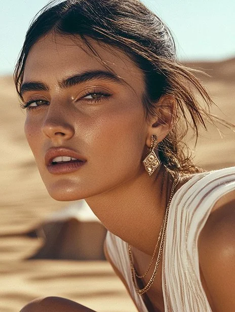 Close-up of a woman with tan skin and dark hair, wearing earrings and a sleeveless top, outdoors in a desert setting with sandy dunes in the background. Ai Generated, Creative direction with  AI 