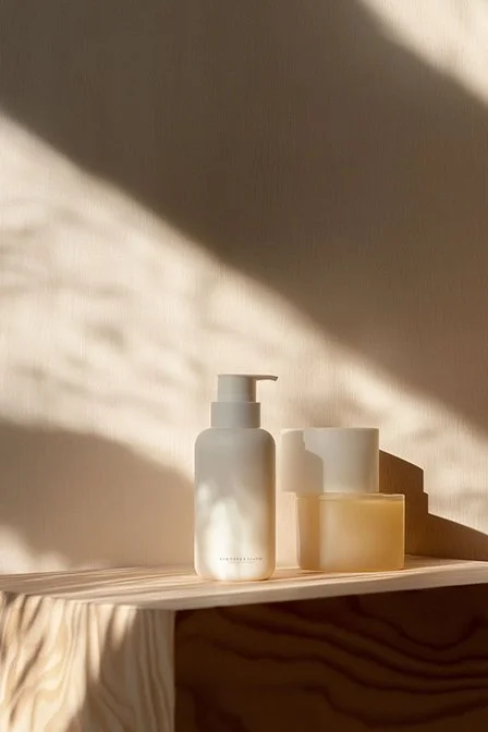 A white pump bottle and two white jars on a light wooden surface with sunlight casting shadows. Ai Generated, Creative direction with  AI.