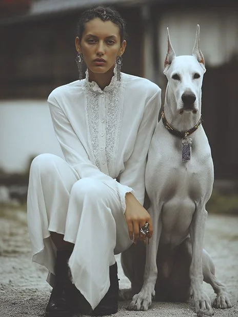 A woman dressed in a white, long-sleeved, lace-trimmed blouse and white pants, sitting on the ground with a large white dog with pointed ears and a collar, in an outdoor setting. Ai Generated, Creative direction with  AI 