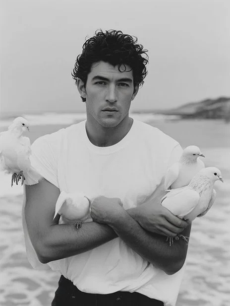 Black and white photo of a young man with curly hair wearing a white t-shirt, holding several pigeons in his arms at the beach. Ai Generated, Creative direction with  AI 