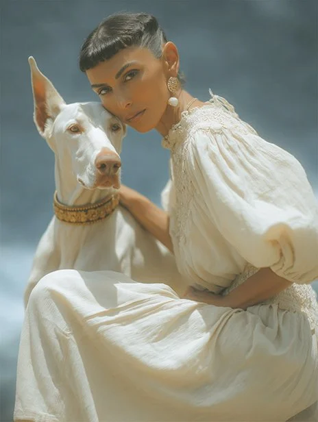 A woman with short dark hair, wearing a white dress and large earrings, sitting next to a white dog with tan markings and a golden collar, against a blurred blue-gray background. Ai Generated, Creative direction with  AI 
