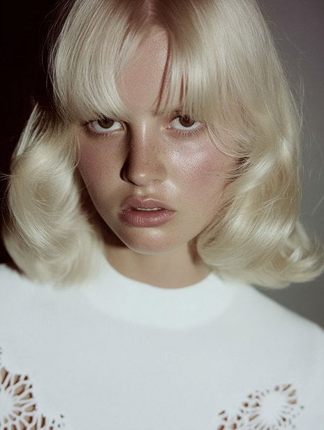 A young woman with platinum blonde hair styled in loose curls and front bangs. She has fair skin, natural makeup with nude lipstick, and wears a white top with lace details on the sleeves. Ai Generated, Creative direction with  AI 