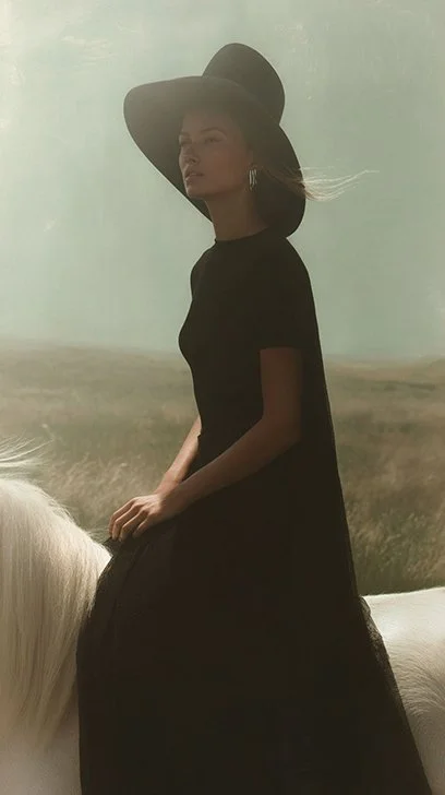 A woman wearing a large black hat and a black dress, sitting on a white horse in an open field with a cloudy sky. Ai Generated, Creative direction with  AI 