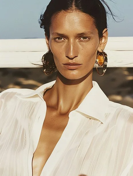 A woman with dark hair, wearing large hoop earrings and a white shirt, standing outdoors with a blurred background. Ai Generated, Creative direction with  AI 