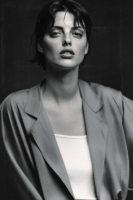 Black and white portrait of a woman with short dark hair, wearing a blazer over a T-shirt, looking directly at the camera with a neutral expression. Ai Generated, Creative direction with  AI 