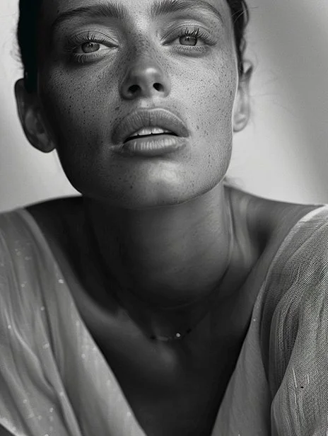 Close-up black and white portrait of a woman with freckles, short dark hair, and slightly parted lips, looking directly at the camera.