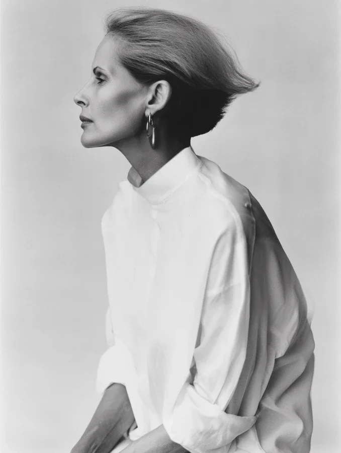 A black and white photo of a woman in profile, with her hair blowing to the right, wearing earrings and a white blouse, against a plain background.