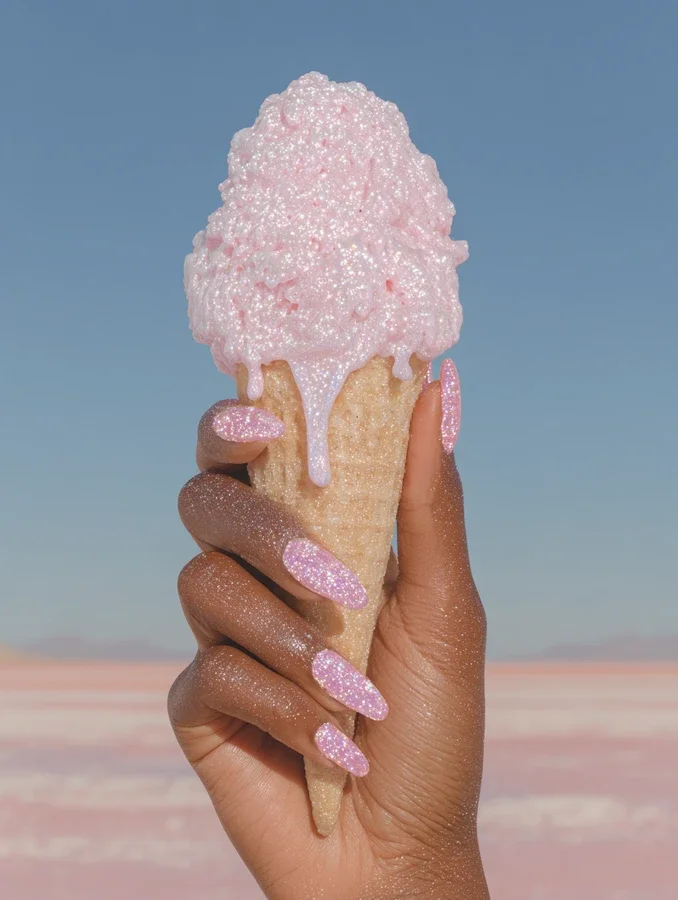 A hand holding a pink ice cream cone with glittery pink nails against a clear blue sky and a pink landscape in the background.