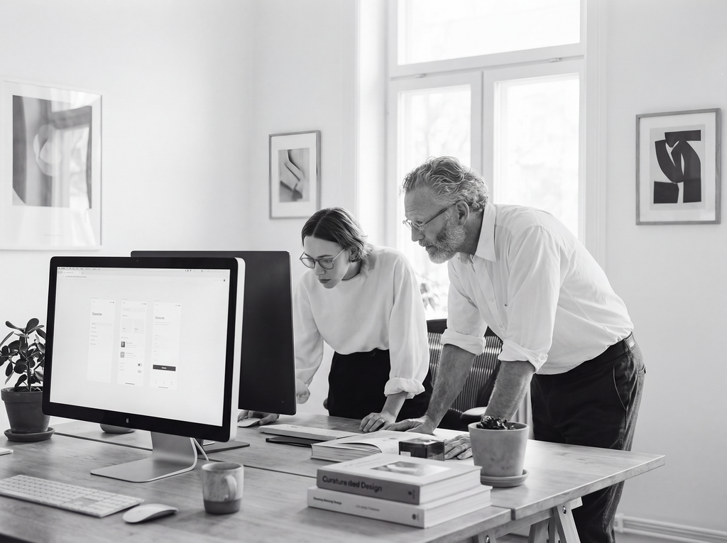 Two professionals, a man and a woman, review documents on a desk in a modern office with framed art on the walls and a large computer screen.