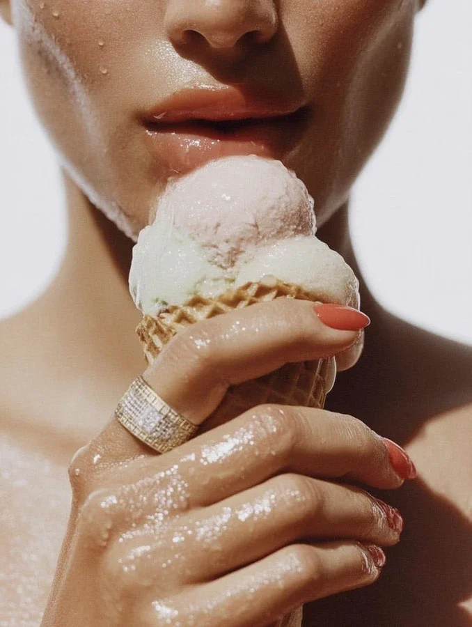 Close-up of a woman holding and licking an ice cream cone with two scoops, one pink and one white, with shiny, wet skin and glossy lips.