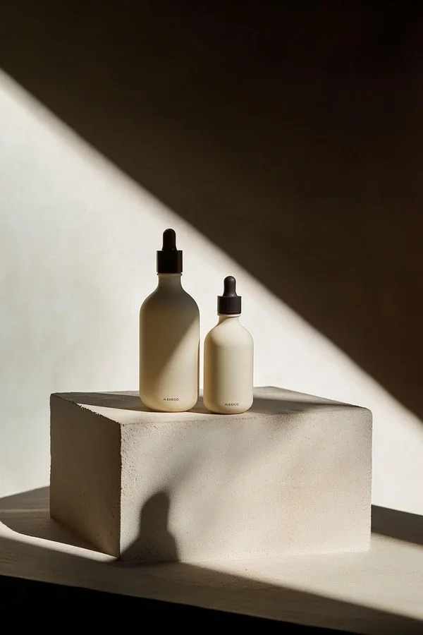 Two skincare dropper bottles, one larger and one smaller, placed on a concrete block with soft natural lighting creating shadows.