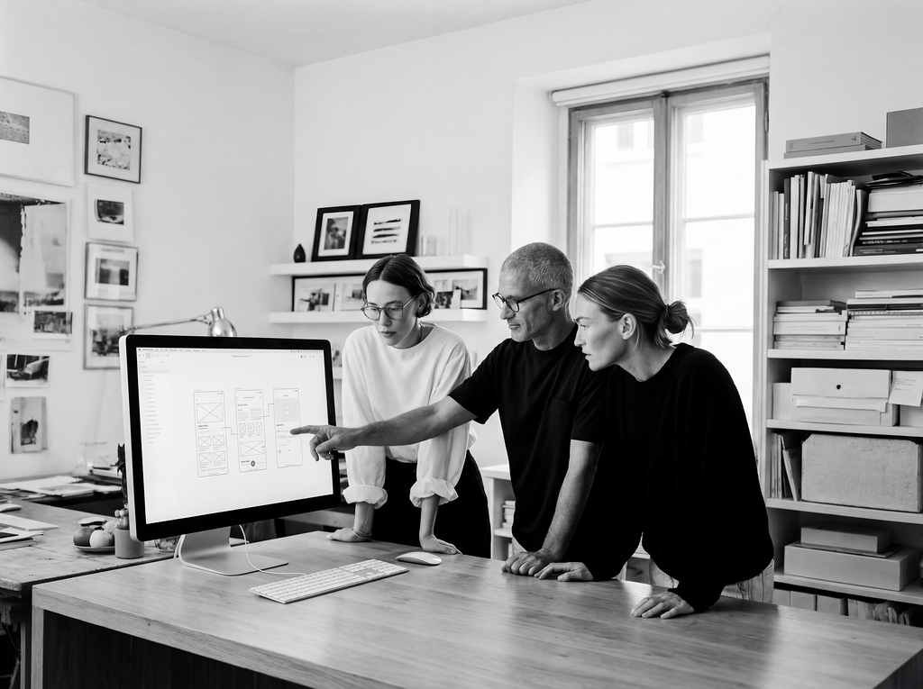Three people in an office looking at a computer screen with wireframes, discussing a project. The office has shelves with books and framed photos on the wall.