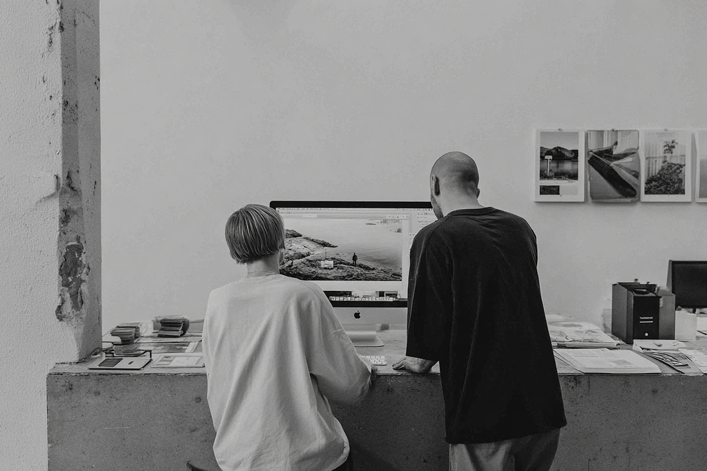 Two people, one sitting and one standing, looking at a computer screen in an office with photographs on the wall.