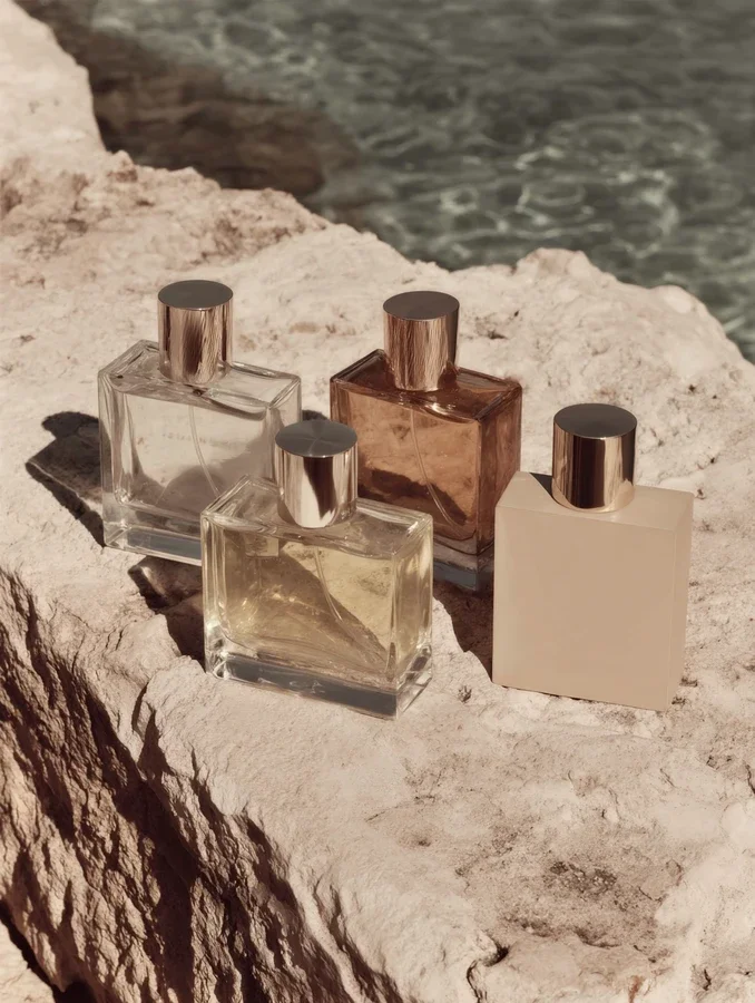 Four perfume bottles with metallic caps placed on a rough light-colored stone surface by the water.