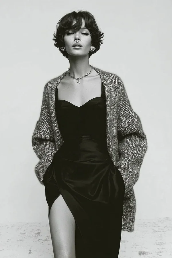 A woman with short dark hair, wearing a black dress with a slit, a chunky knit cardigan, a necklace, and earrings, standing against a plain background.