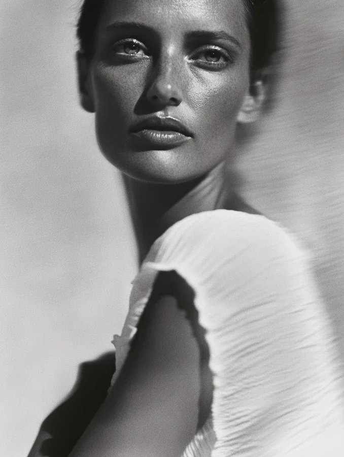 A black and white portrait of a woman with short hair, striking facial features, and a tense expression, wearing a white, textured top.
