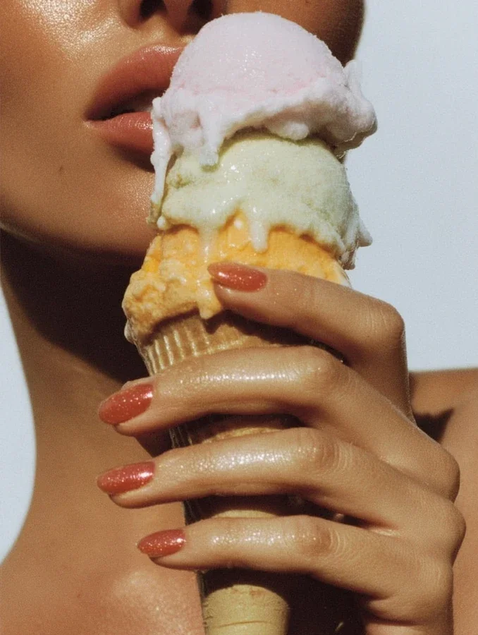 Close-up of a woman holding an ice cream cone with three scoops near her lips, which are slightly parted; her nails are painted reddish-orange, and the background is plain white.