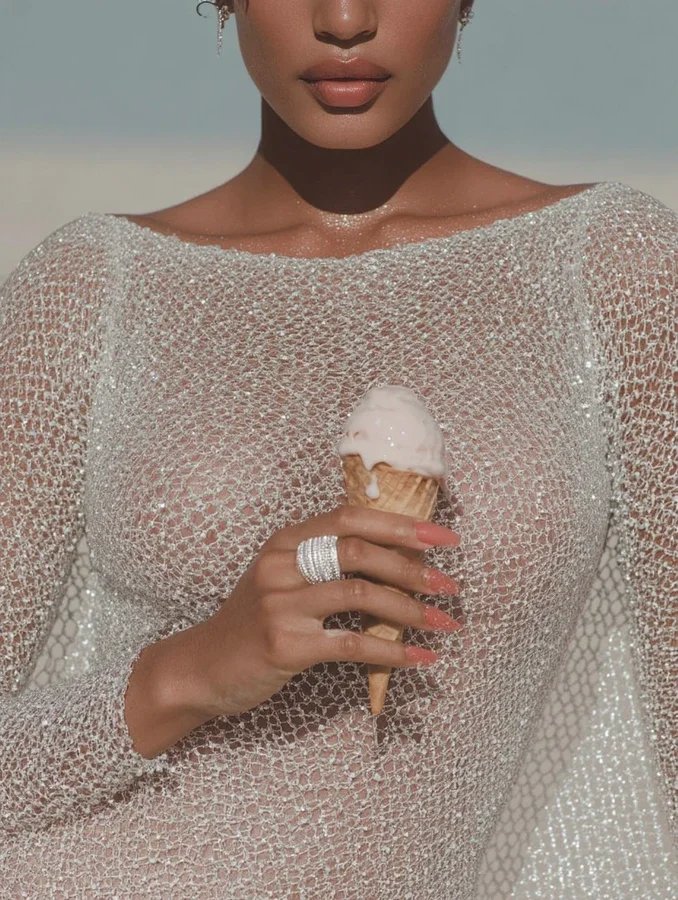 A woman wearing a sparkling, see-through dress with a wide neckline, holding an ice cream cone on a sunny beach.
