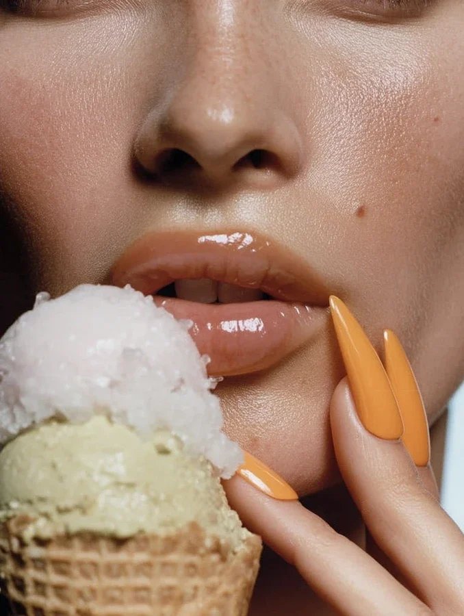 Close-up of a woman with glossy lips and long orange nails holding an ice cream cone