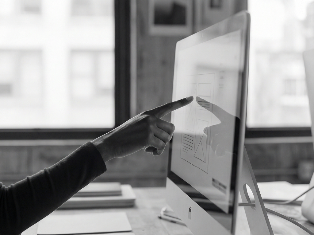 A person using a touchscreen computer, with their finger touching the screen, in a well-lit workspace with large windows.