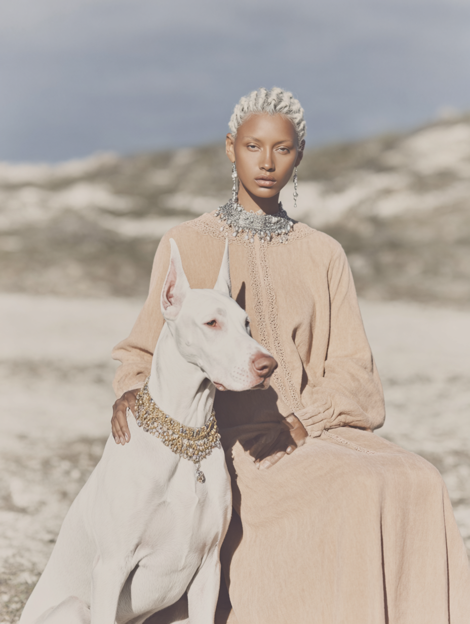A woman with platinum blonde braided hair and jewelry sitting outdoors with a white dog wearing a jeweled collar.