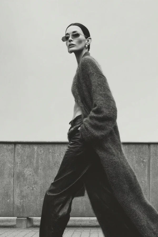 Fashionable woman walking outdoors, wearing sunglasses, a long cardigan, and loose pants, in black and white.