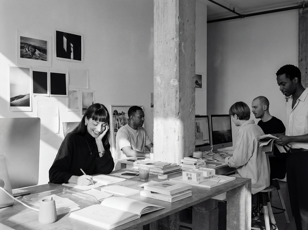A diverse group of people working in a modern office space, some working on computers, others reading and writing, with artworks on the wall.