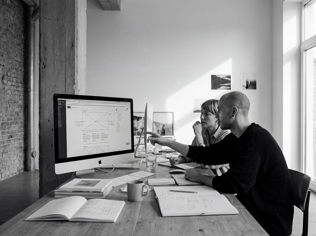 Two people working together at a desk in a modern office, looking at a computer screen displaying wireframe sketches for a web or app project.