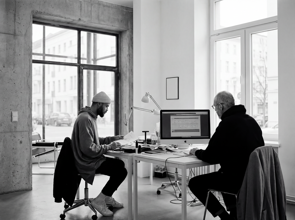 Two men working in a modern office with large windows and minimal decor, one using a computer and the other reading papers.