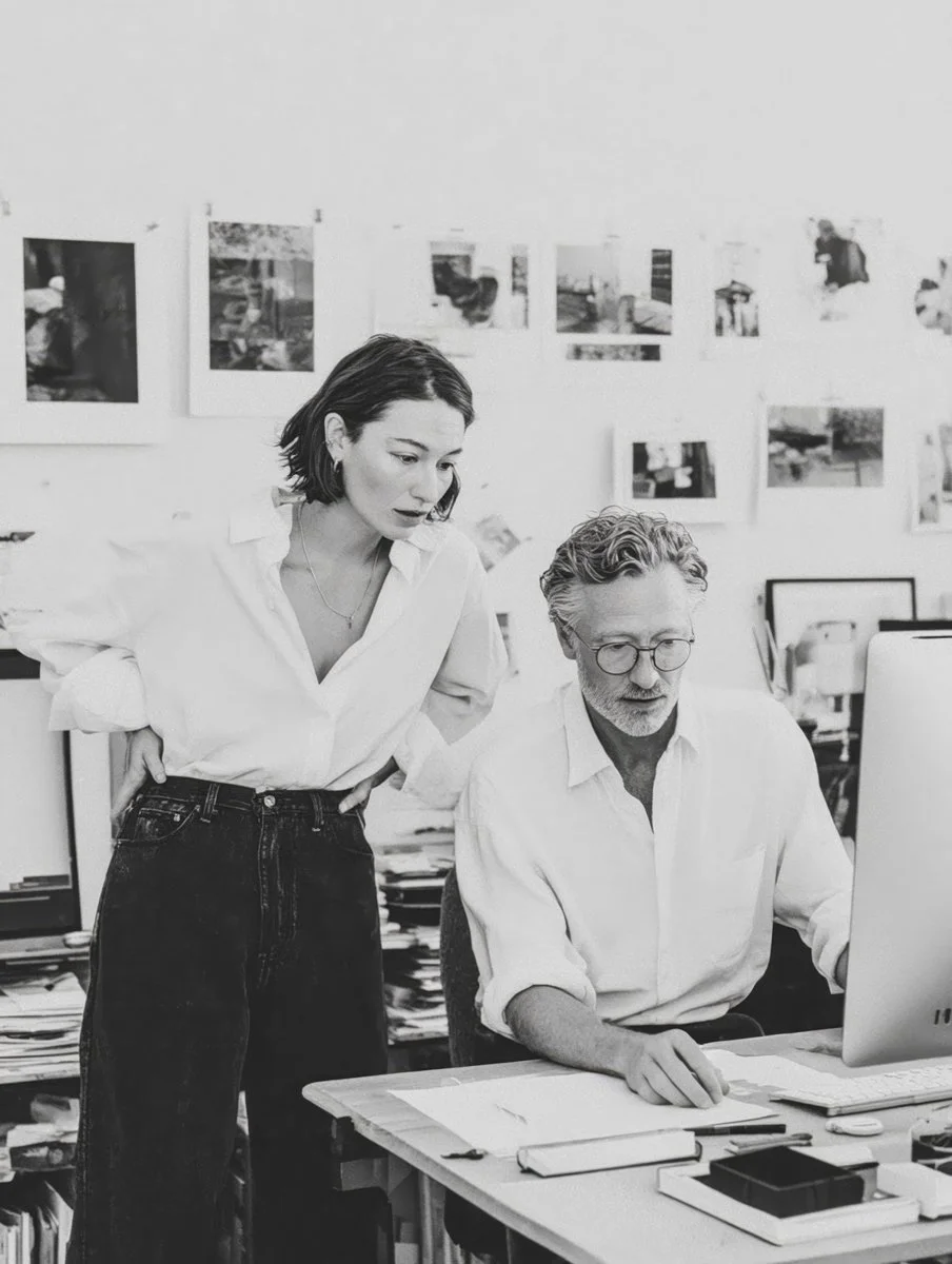 A woman and a man working together at a desk in an office, looking at a computer screen. The woman stands with one hand on her hip, while the man sits and types on the keyboard. The background has photos displayed on the wall and office supplies on t