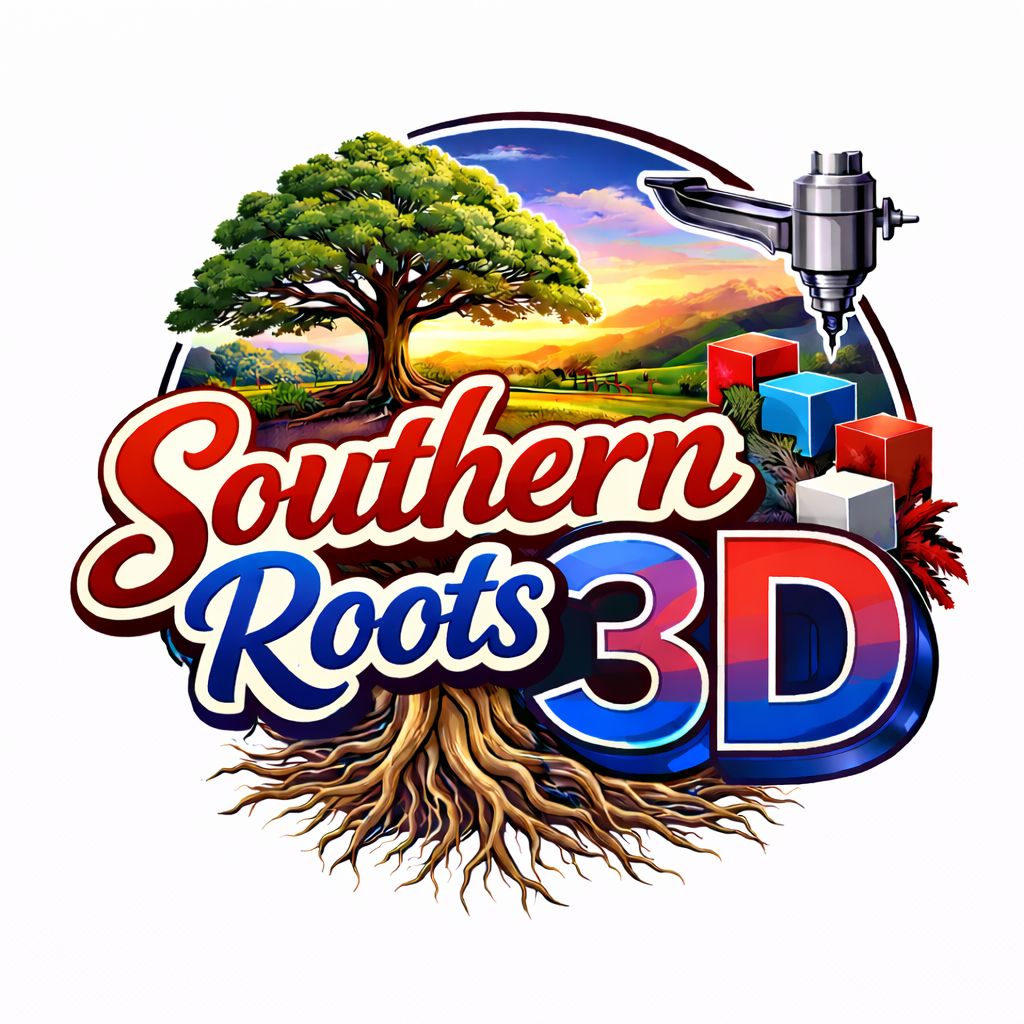 A logo for Southern Roots 3D features a large tree with roots, a mountain landscape sunrise, a microscope, and colorful 3D cubes, with the text 'Southern Roots 3D' prominently displayed.