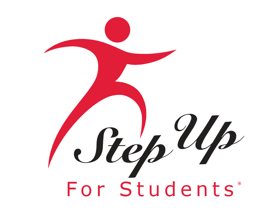 Logo for Step Up For Students featuring a stylized red human figure with outstretched arm, the text 'Step Up' in black cursive, and 'For Students' in red.