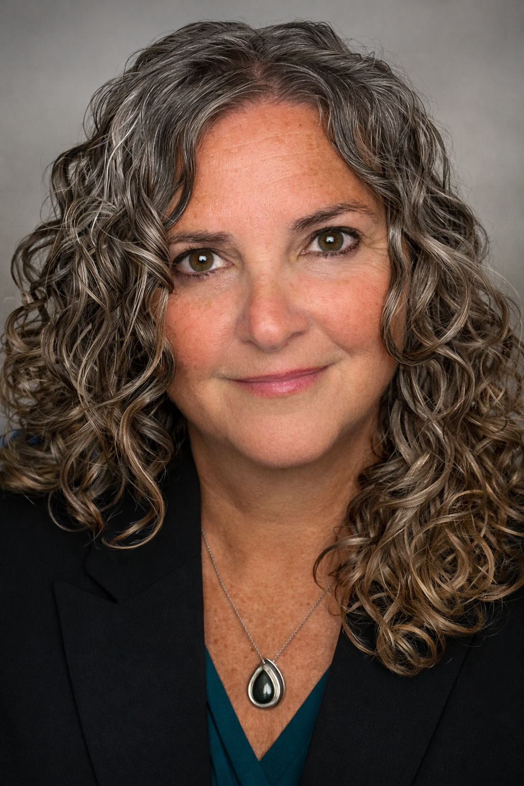 A woman with curly gray hair, wearing a black blazer, teal top, and pendant necklace, smiling softly at the camera.
