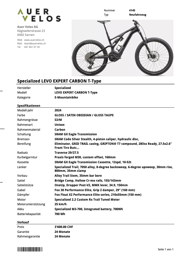 4145 __ LEVO EXPERT CARBON T-TYPE __ 3'600.00 statt 7'200.00