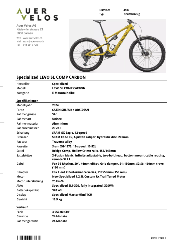 4186 __ LEVO SL COMP CARBON __ 3'950.00 statt 7'900.00