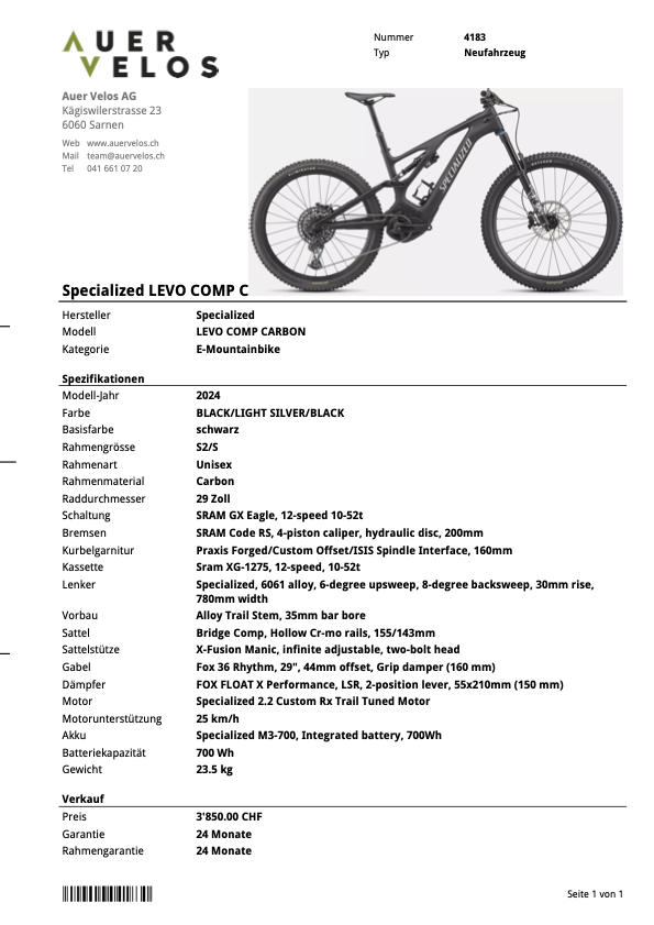4183 __ LEVO COMP CARBON __ 3'850.00 statt 7'700.00