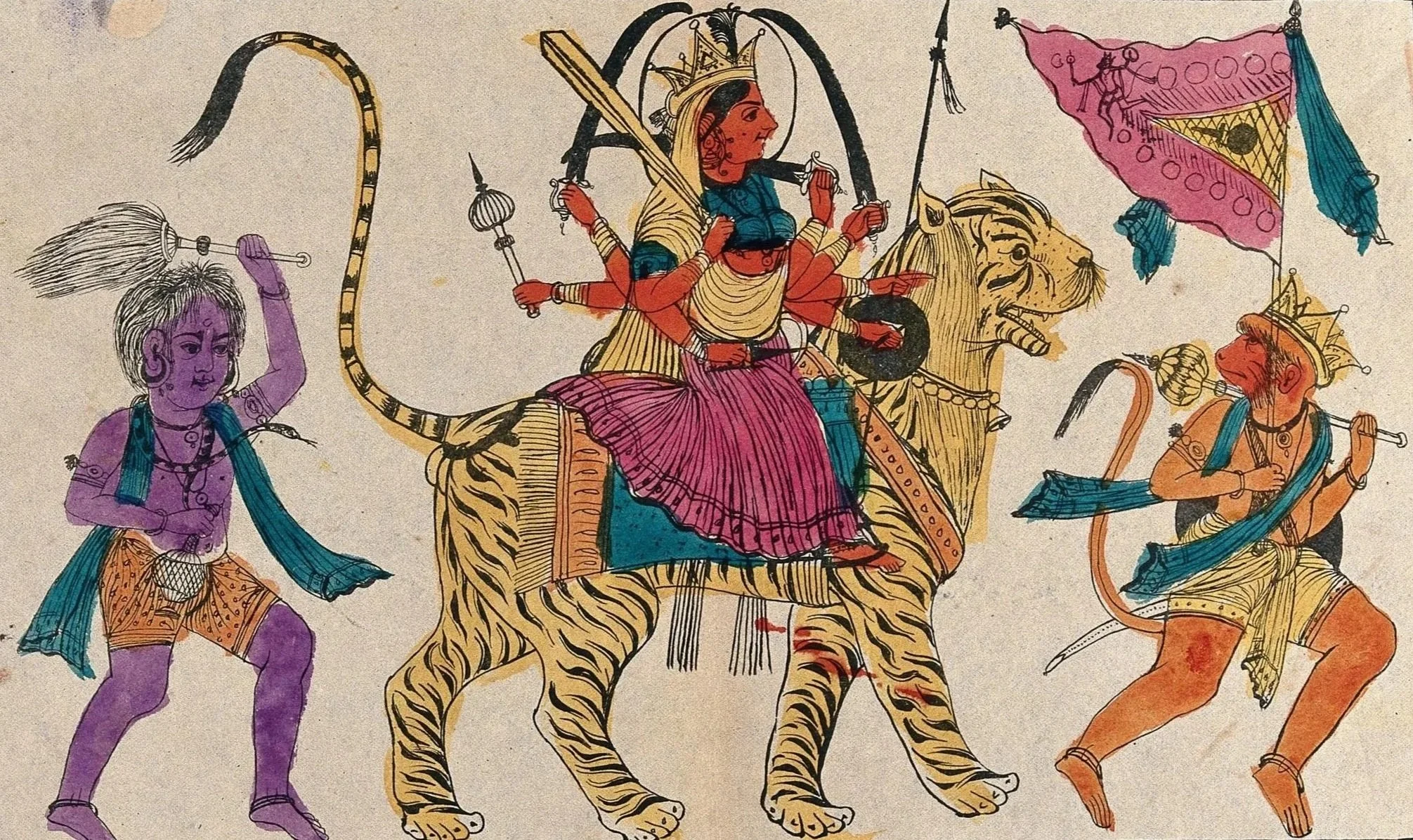 Hindu goddess Durga riding a tiger, with four arms holding weapons, flanked by two warriors, in traditional colorful illustration.